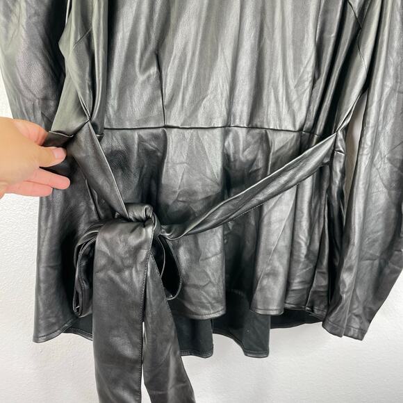 Ashley Stewart Black Peplum Faux Leather Long Sleeve Blouse Waist Tie Size 22/24 - Picture 4 of 15